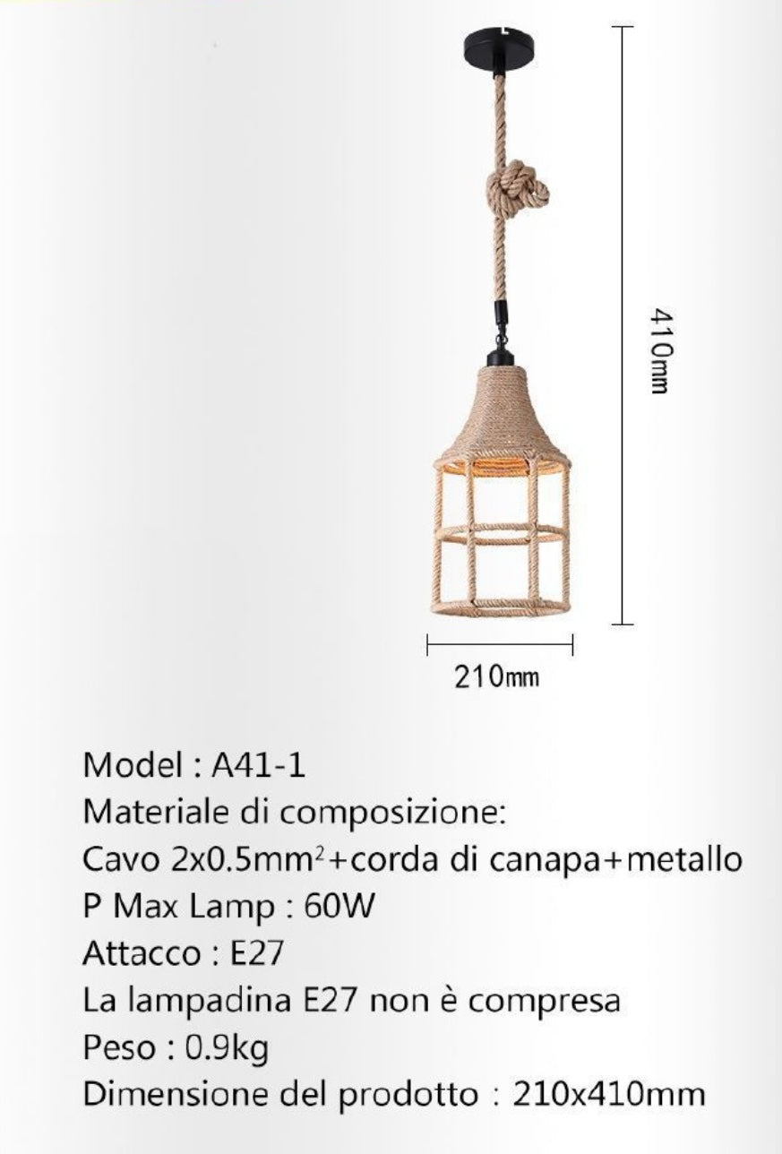 Lampadario a sospensione con paralume a campana in corda di canapa stile vintage retrò lampada E27 arredo casa A41-1
