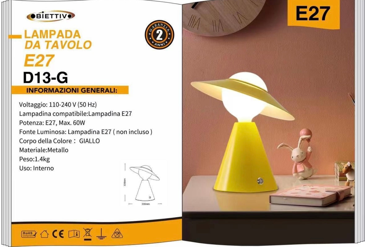 Lampada da Tavolo E27  – Design Moderno con Paralume Inclinato, Lampada da Comodino in Metallo, per Camera da Letto, Soggiorno, Studio   D13