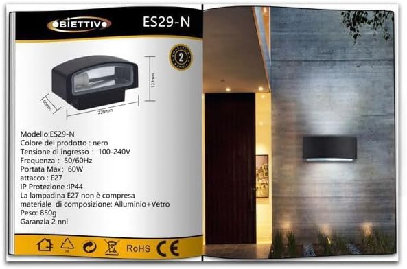 Applique lampada da muro parete in alluminio e vetro per esterno casa locali terrazza IP65 con attacco per lampadine E27 [lampadina esclusa] ES29
