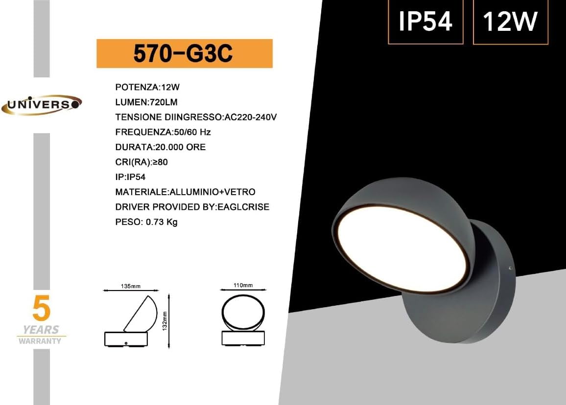 Applique LED da Esterno 12W IP54, Lampada da Parete Moderna Rotonda in Alluminio e Vetro, 720LM, Impermeabile per Facciata, Balcone e Giardino 570