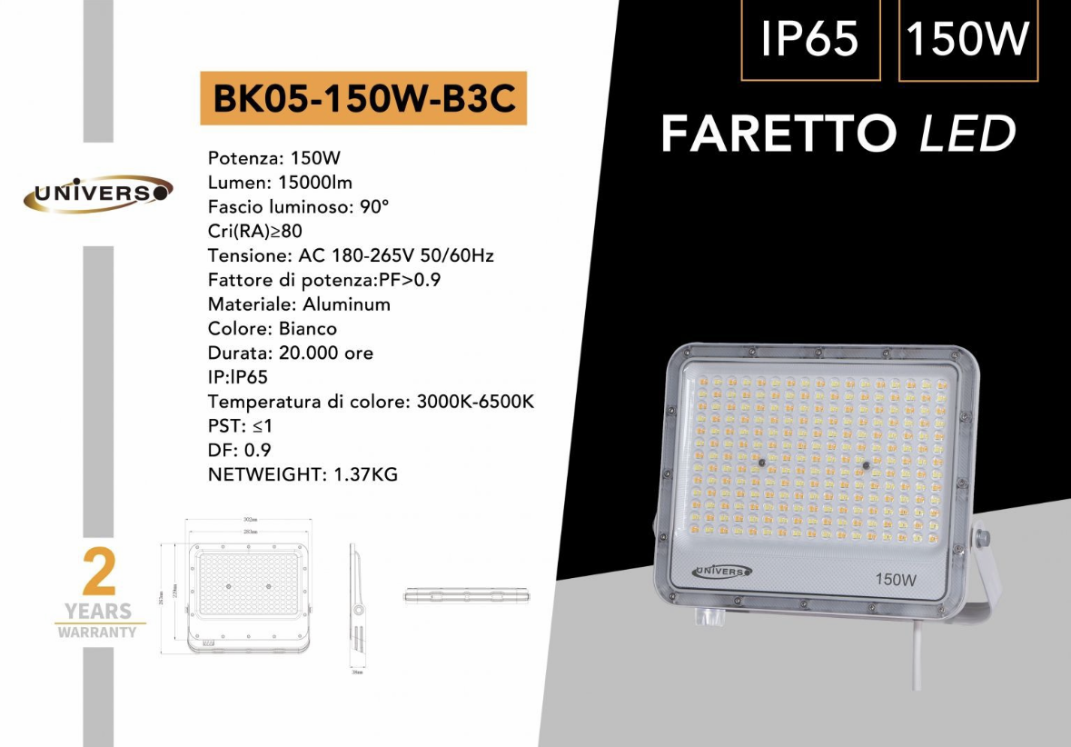 Faretto LED da Esterno BK05 CCT IP65 – 30W 50W 100W 150W 200W, Faro LED Impermeabile 3000K/4000K/6500K, Luce Bianca, Illuminazione Esterni Giardino Cortile Facciata BK05