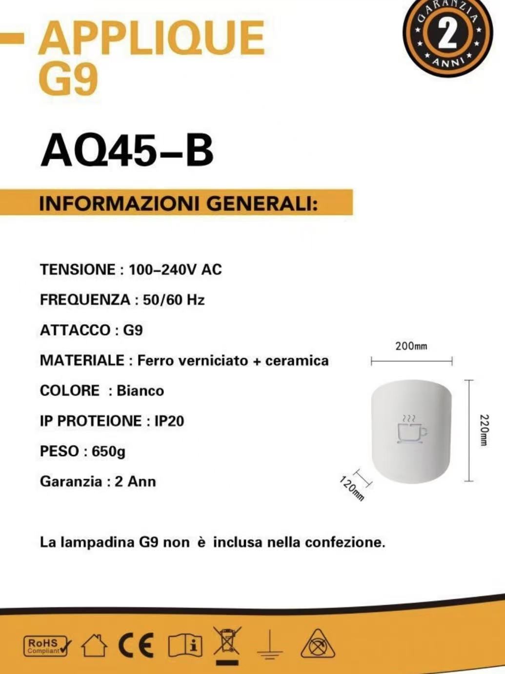 TEKHOME Applique da muro design caffè G9, lampada da parete moderna in metallo e ceramica, 1XG9, colore nero o bianco, per soggiorno cucina bar AQ45
