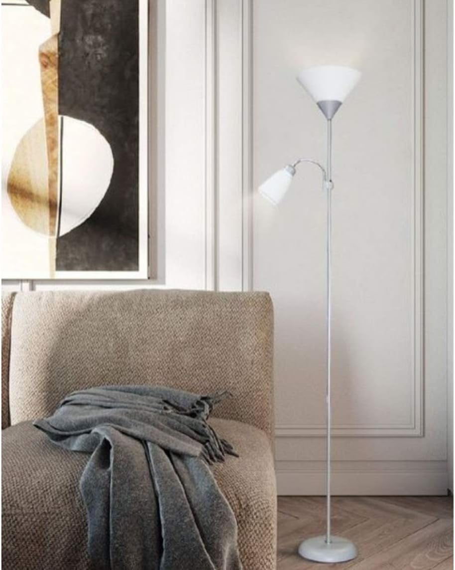 Lampada da Terra con Doppia Luce, Attacco E27 x2, Piantana Moderna in Metallo, Interruttore a Pedale, per Salotto Camera Studio D23