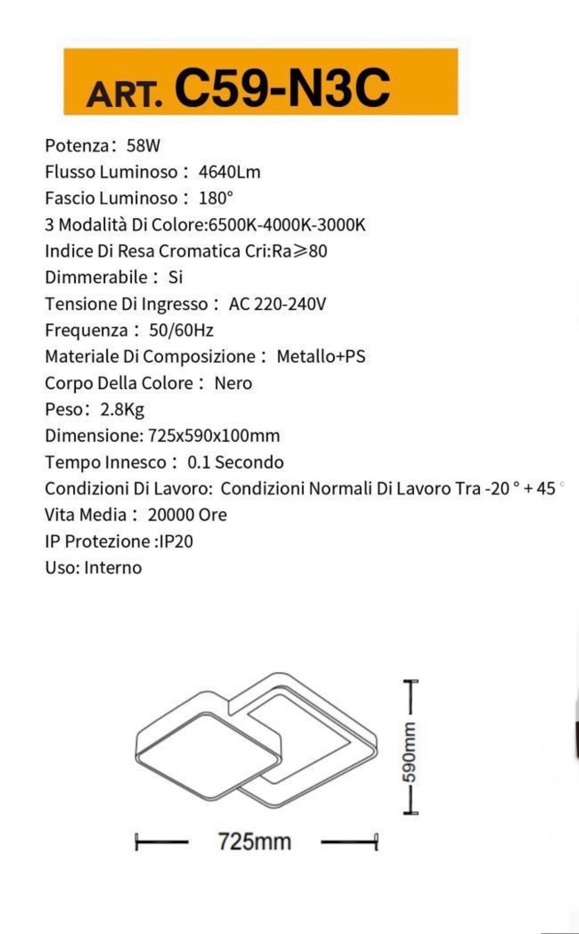 TEKHOME Plafoniera da soffitto a led 58 watt due quadrati lampadario cct tre colorazioni da 3000k a 6500k ideale per soggiorno, camera da letto, cucina e studio C59 (