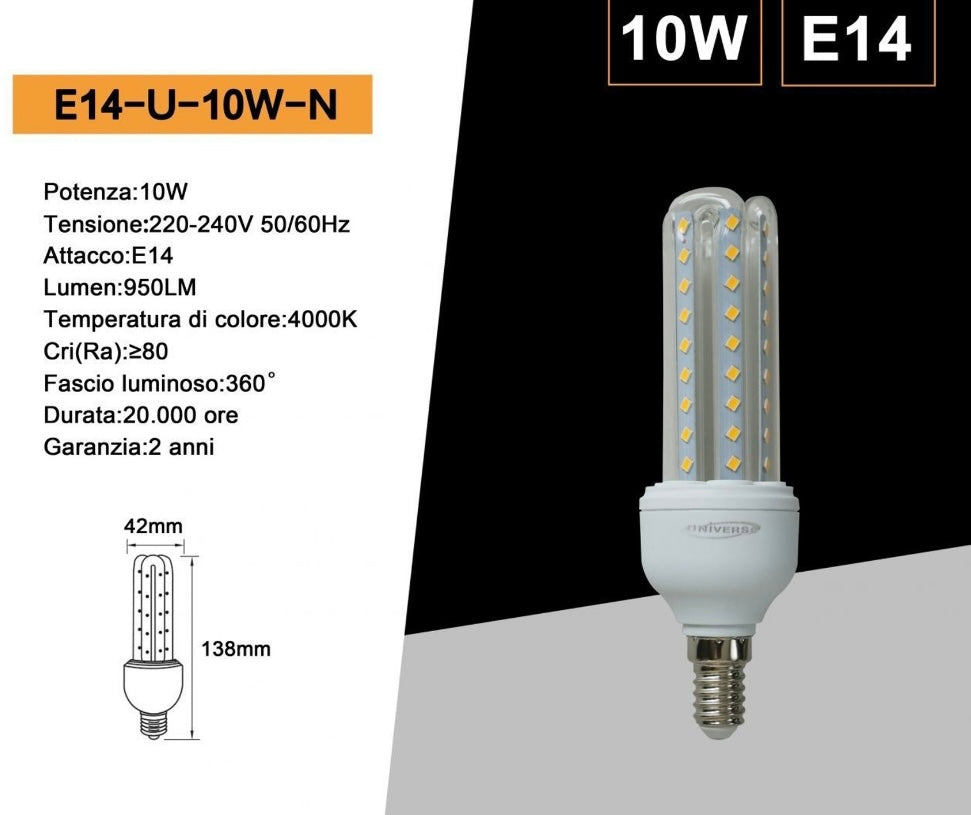 Lampadine LED E14 10W, Confezione da 10 Pezzi, 950LM, 3000K/4000K/6500K, Luce Calda, Naturale e Fredda, Lampadina LED a U, CRI>80, Illuminazione 360°, Risparmio Energetico, Modello E14-U-10W