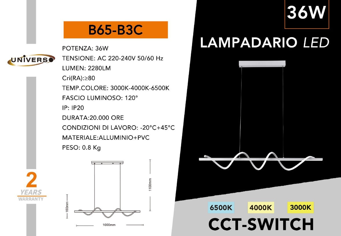 Lampadario LED Moderno 36W con CCT 3000K-4000K-6500K, Dimmerabile da Interruttore, Lampada Sospesa Design Ondulato per Soggiorno Cucina Sala da Pranzo, 2280LM, 100cm – Bianco B65