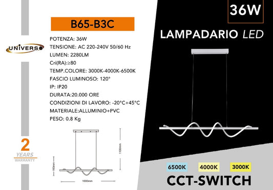 Lampadario LED Moderno 36W con CCT 3000K-4000K-6500K, Dimmerabile da Interruttore, Lampada Sospesa Design Ondulato per Soggiorno Cucina Sala da Pranzo, 2280LM, 100cm – Bianco B65