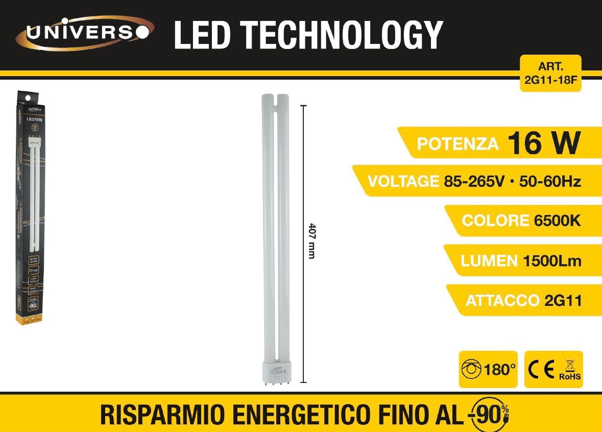2 Pezzi, Lampade LED 2G11 16W 6500K, 1500LM, Luce Bianca Fredda, Tubo LED Sostituzione PL-L 36W, Attacco 2G11, 180°, Risparmio Energetico, Modello 2G11-18F