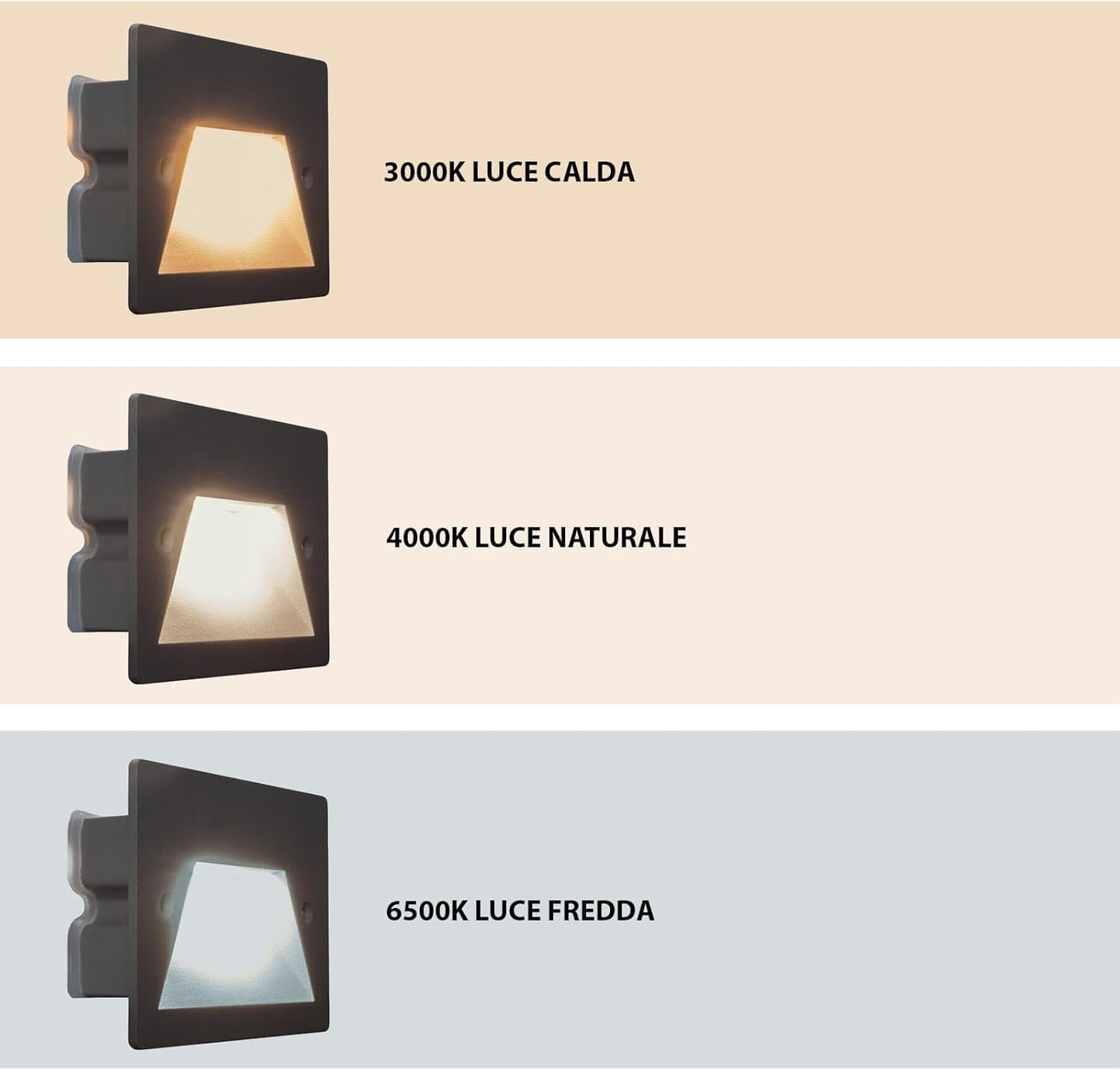 Segnapasso da Incasso LED 3W IP65 CCT-Switch – Lampada da Parete per Scale e Corridoi, Luce Selezionabile 3000K-6500K, Alluminio e Vetro, Impermeabile da Esterno e Interno ES49