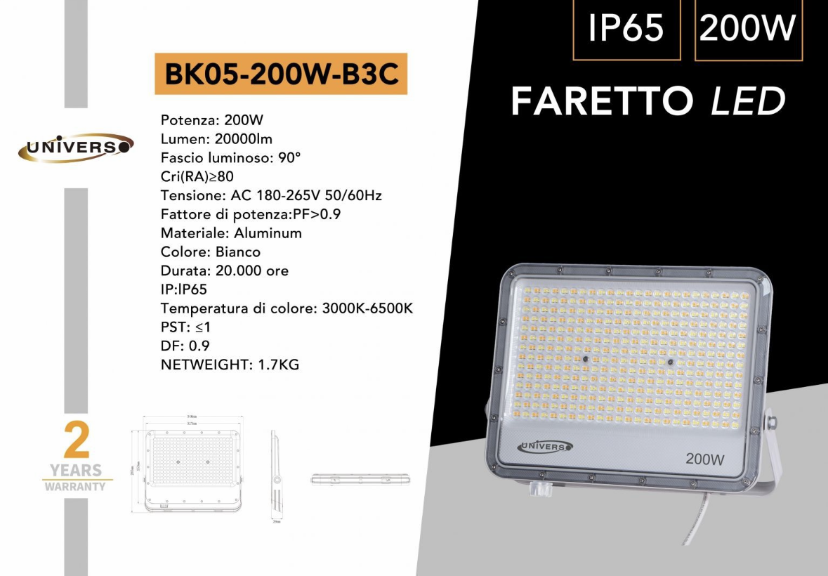 Faretto LED da Esterno BK05 CCT IP65 – 30W 50W 100W 150W 200W, Faro LED Impermeabile 3000K/4000K/6500K, Luce Bianca, Illuminazione Esterni Giardino Cortile Facciata BK05