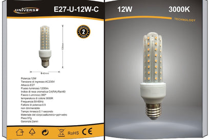 Lampadine LED E27 12W, Confezione da 10 Pezzi, 1200LM, 3000K/4000K/6500K, Luce Calda, Naturale e Fredda, Lampadina LED a U, CRI>80, Illuminazione 360°, Risparmio Energetico, Modello E27-U-12W