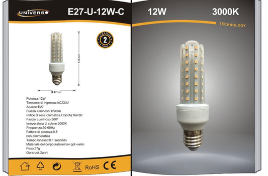 Lampadine LED E27 12W, Confezione da 10 Pezzi, 1200LM, 3000K/4000K/6500K, Luce Calda, Naturale e Fredda, Lampadina LED a U, CRI>80, Illuminazione 360°, Risparmio Energetico, Modello E27-U-12W