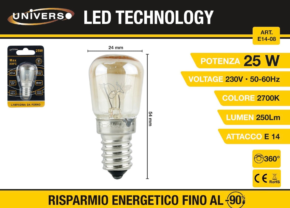 Lampadine Forno E14 25W 230V, 10 Pezzi, 2700K Luce Calda 250 lm, Resistenti fino a 300°C, Attacco E14, Dimensioni 24x54 mm, E14-08