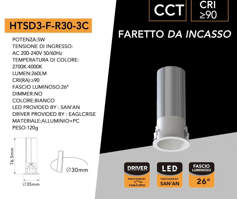 Mini Faretto LED da Incasso COB CCT 5W, Selezione Luce 2700K/4000K/6000K, CRI≥90, Foro Ø30 mm, Fascio 26°, Spot LED per Vetrine, Mobili, Mensole e Controsoffitti, Modello HTSD3-F-R30-3C