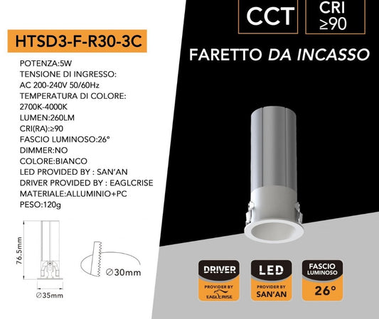 Mini Faretto LED da Incasso COB CCT 5W, Selezione Luce 2700K/4000K/6000K, CRI≥90, Foro Ø30 mm, Fascio 26°, Spot LED per Vetrine, Mobili, Mensole e Controsoffitti, Modello HTSD3-F-R30-3C