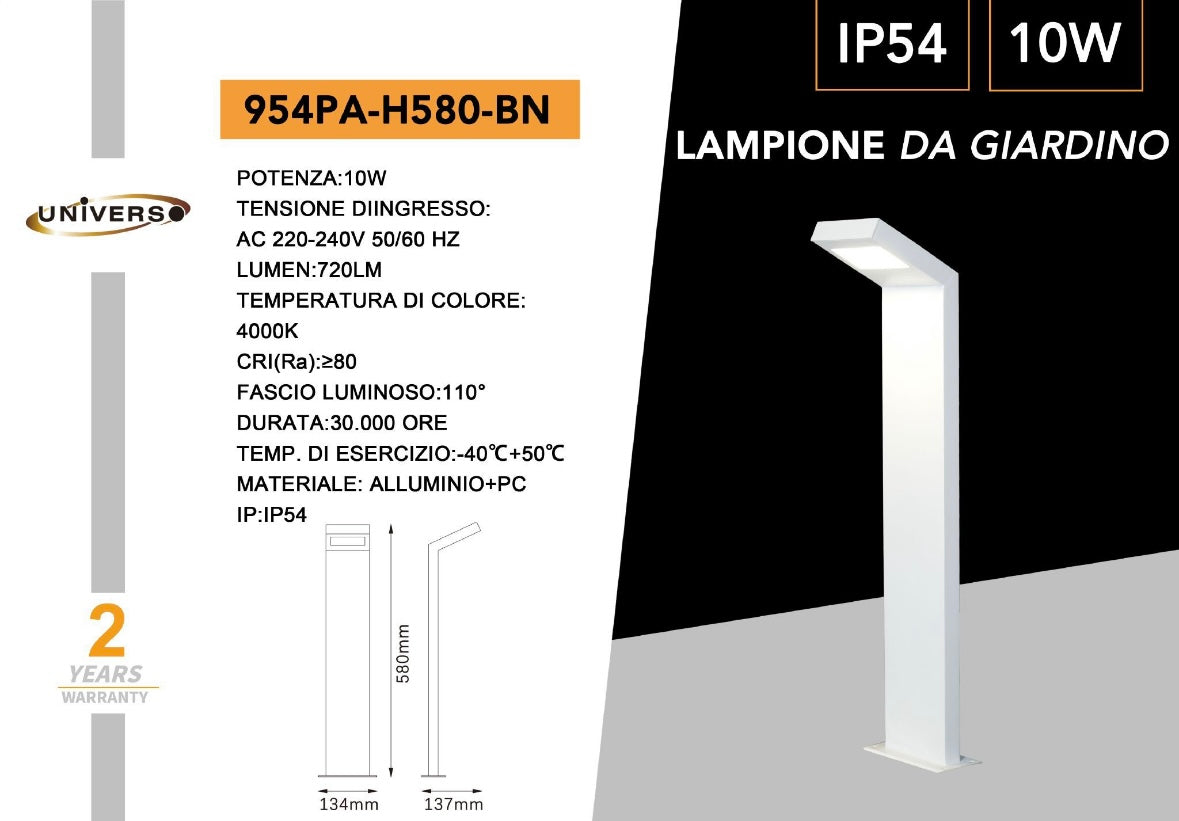 Lampione da Giardino Moderno 10W, Paletto Luce LED Esterno 4000K, IP54 Impermeabile, H580mm, Lampada da Esterno per Vialetti, Cortile, Giardino – Alluminio 954PA-H580