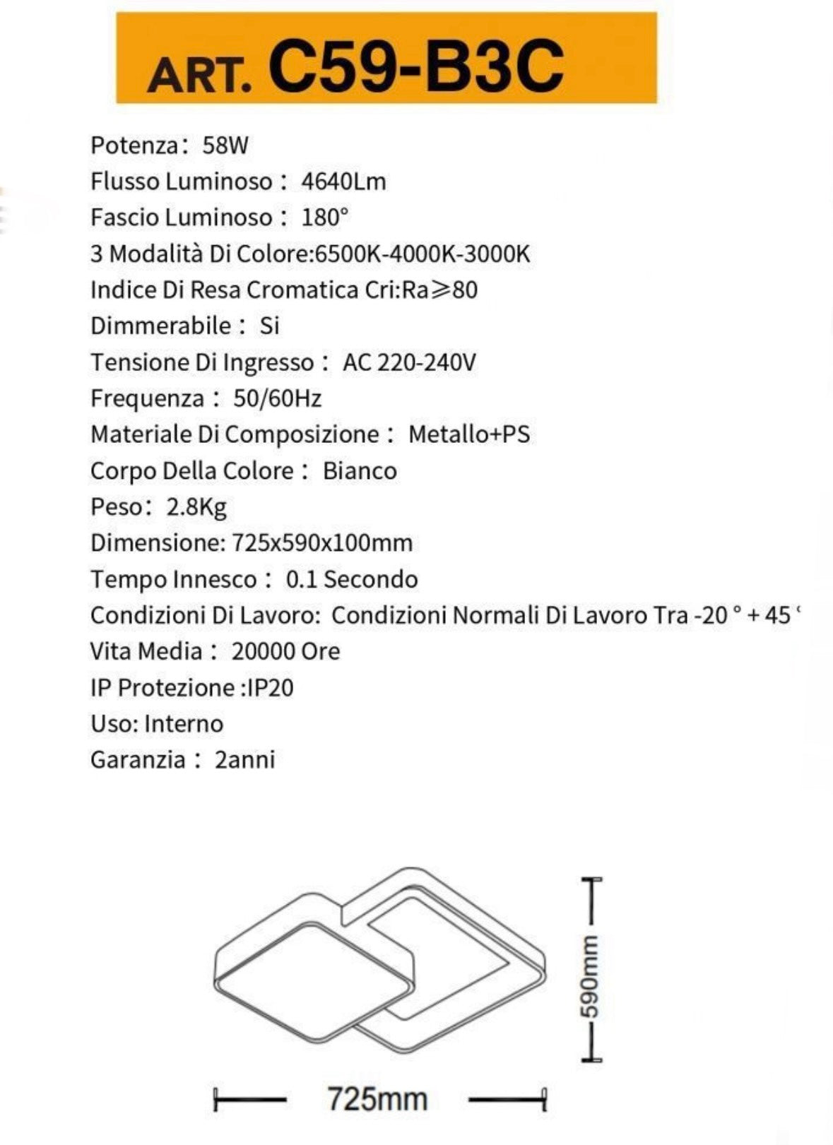 TEKHOME Plafoniera da soffitto a led 58 watt due quadrati lampadario cct tre colorazioni da 3000k a 6500k ideale per soggiorno, camera da letto, cucina e studio C59 (