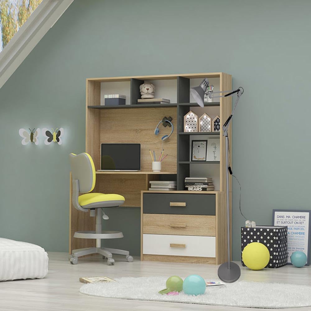 Lampada da Terra – Piantana Regolabile con Braccio Orientabile, Attacco E27, Max 60W, Design Moderno per Studio, Ufficio e Soggiorno D15