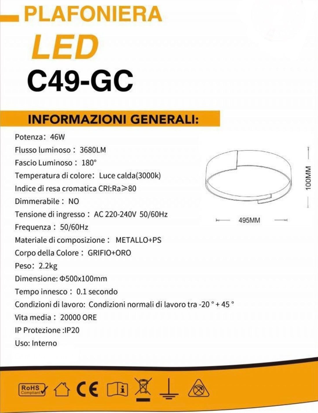 TEKHOME Plafoniera a led da interno moderna a soffitto forma tonda lampada adatta per camera da letto salone soggiorno solotto cucina locali commerciali 46W C49