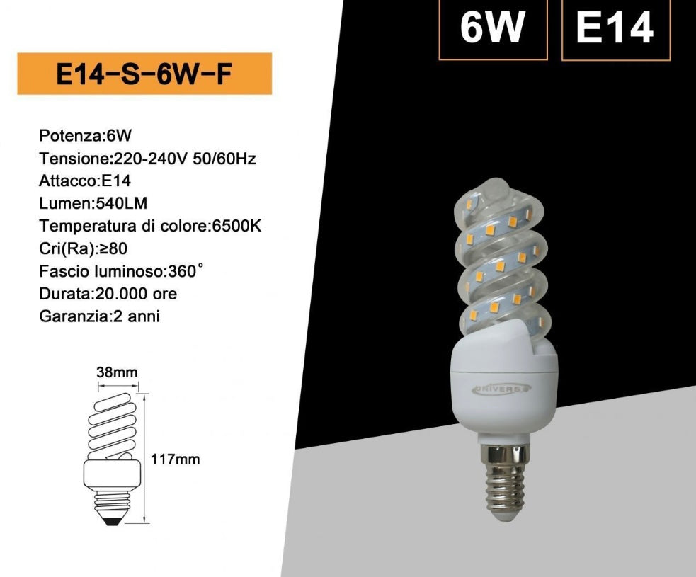 Lampadine LED E14 6W, Confezione da 10 Pezzi, 540LM, 3000K/4000K/6500K, Lampadina a Spirale LED, Luce Calda/Naturale/Fredda, CRI>80, 360°, Risparmio Energetico, Modello E14-S-6W