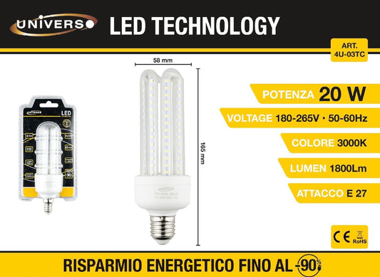 Lampadine LED E27 20W, Confezione da 6 Pezzi, 1800LM, 3000K Luce Calda, Lampadina LED a Mais, Fascio Luminoso 360°, CRI>80, Basso Consumo Energetico, Non Dimmerabile, Modello 4U-03TC