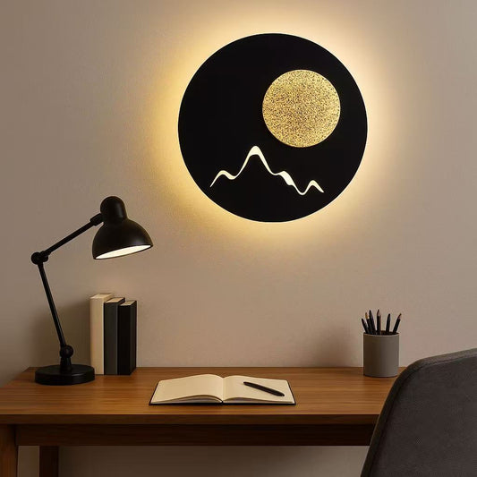 TEKHOME Applique da Muro LED 16W Design Rotondo con Motivo Montagna e Sole, 3000K-6500K, Bianco/Nero, Lampada da Parete Moderna per Camera da Letto Soggiorno Corridoio E48