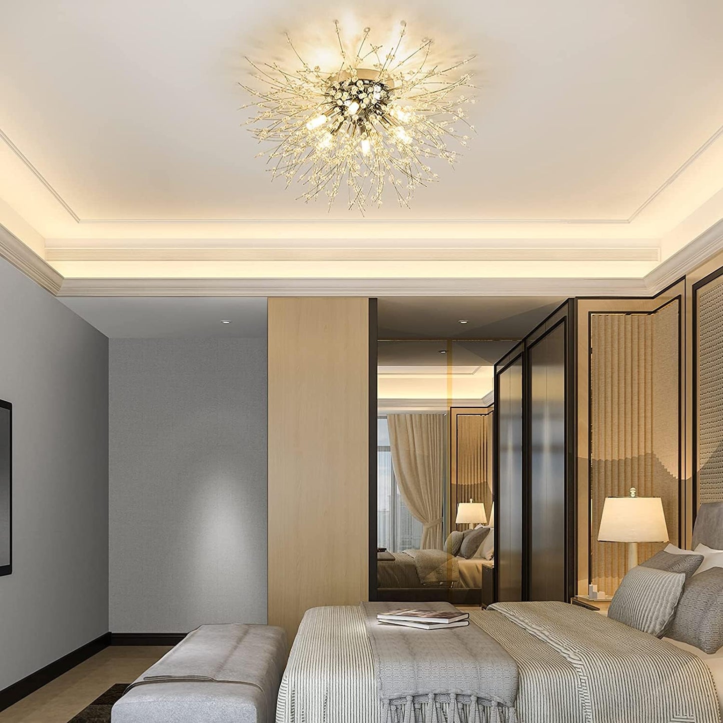 TEKHOME Lampadario Camera Da Letto Moderni, Oro/Argento, Plafoniera soffitto con cristalli di fuochi d'artificio, 10X G9, Lampade a sospensione pre Soggiorno, Cameretta PN-13