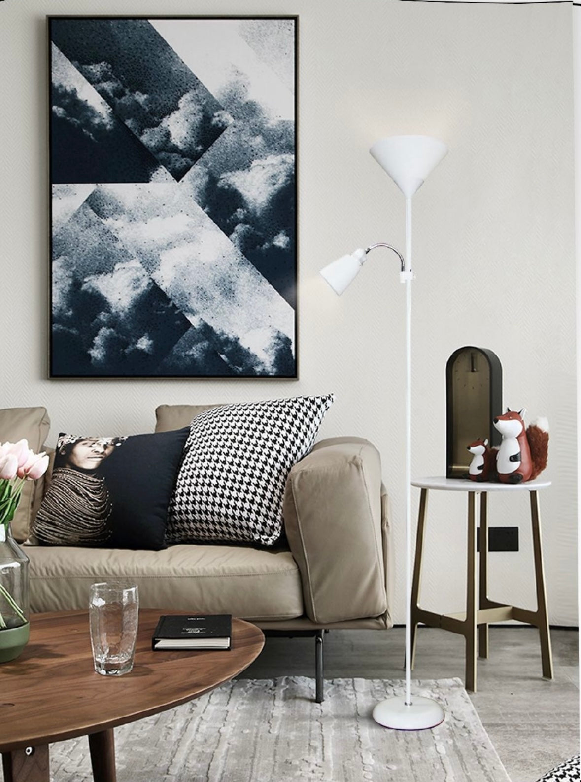 Lampada da Terra con Doppia Luce, Attacco E27 x2, Piantana Moderna in Metallo, Interruttore a Pedale, per Salotto Camera Studio D23