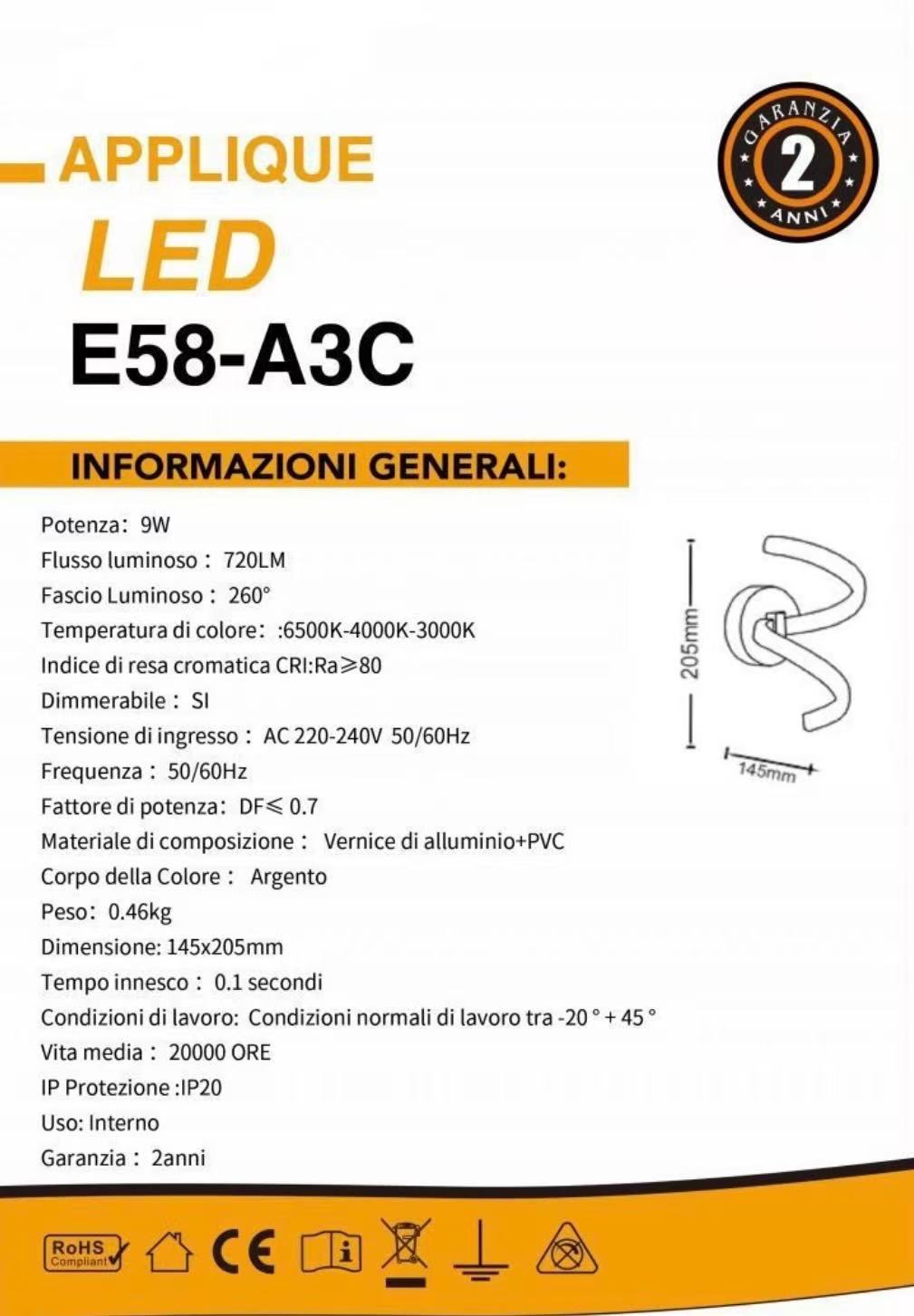 TEKHOME Applique LED da Parete 9W E58-A3C, Argento, Dimmerabile, 3 Colori Selezionabili 3000K-4000K-6500K, Design Moderno a Onde per Camera, Soggiorno e Corridoio