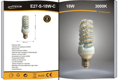 Lampadine LED E27 18W, Confezione da 10 Pezzi, 1800LM, 3000K/4000K/6500K, Luce Calda, Naturale e Fredda, Lampadina LED a Spirale, CRI>80, Illuminazione 360°, Risparmio Energetico, E27-S-18W