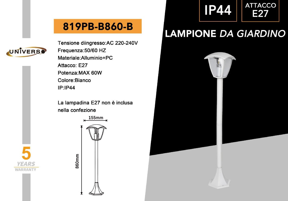 Lampione da Giardino da Esterno IP44, Attacco E27, Palo da 86cm in Alluminio, Bianco/Grigio Scuro 819PB-B860
