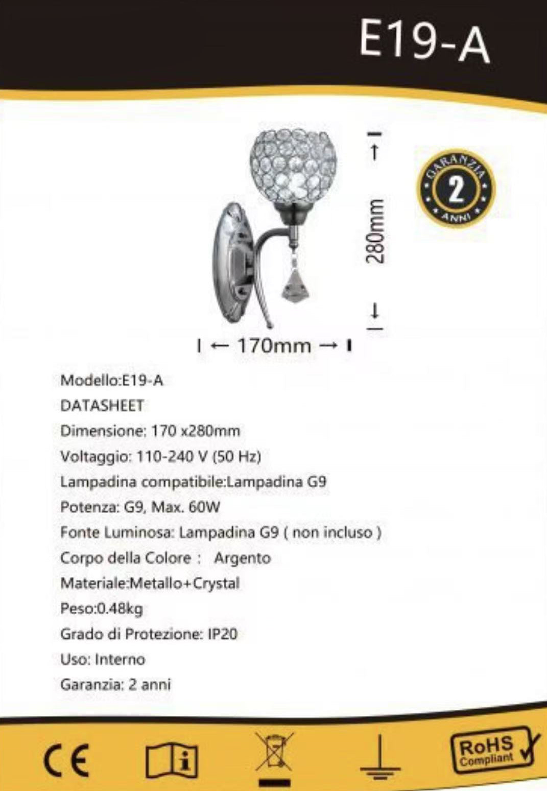 TEKHOME Applique da Parete Moderna con Design a Cristalli, Attacco G9 60W, per Interni, Disponibile in Oro e Argento, 280mm, Metallo e Cristallo (Senza Lampadina) E19