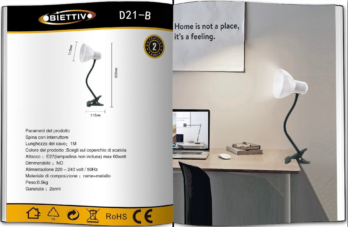 Lampada da Tavolo con Pinza – Attacco E27, Braccio Flessibile 40 cm, Metallo, Luce Direzionabile, Max 60W – Studio, Scrivania, Cameretta D21