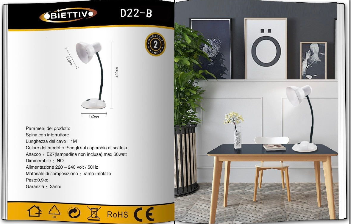 Lampada da Tavolo con Flessibile, Attacco E27, Metallo, Interruttore, Base Stabile – Lampada Scrivania Moderna per Studio, Ufficio, Cameretta D22