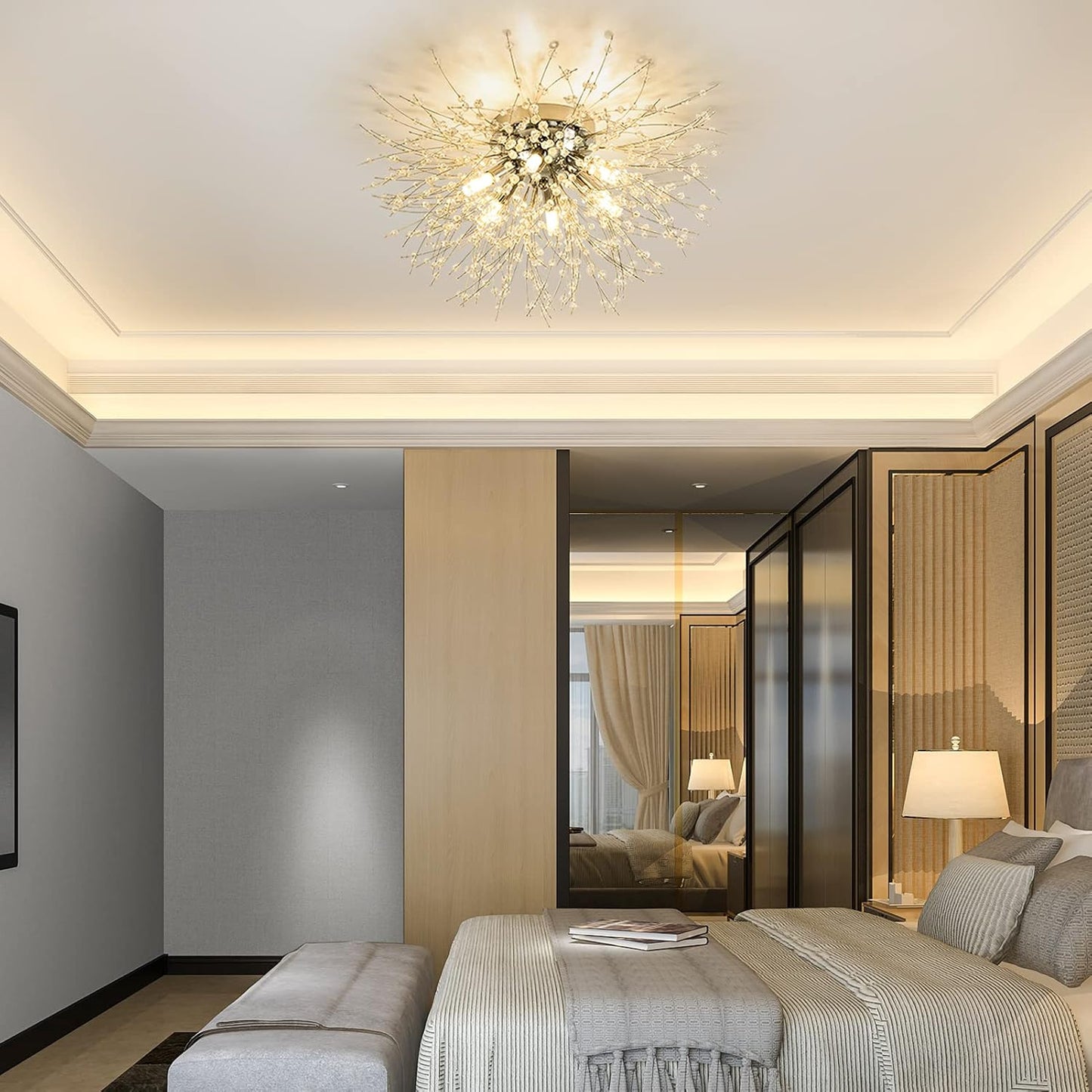 TEKHOME Lampadario Camera Da Letto Moderni, Oro/Argento, Plafoniera soffitto con cristalli di fuochi d'artificio, 10X G9, Lampade a sospensione pre Soggiorno, Cameretta PN-13