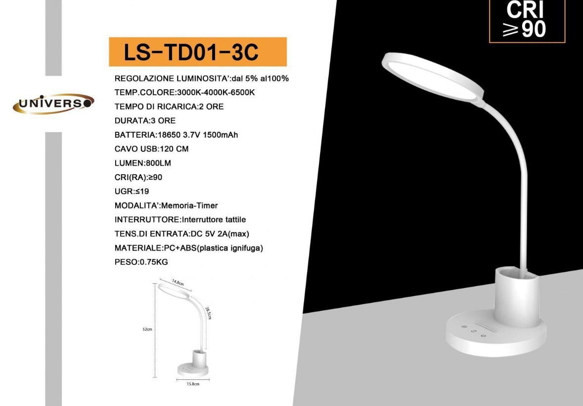 Lampada da Tavolo LED Ricaricabile – CRI ≥90, Dimmerabile 5-100%, 3 Temperature Colore 3000K-4000K-6500K, Luce per Studio e Ufficio LS-TD01-3C