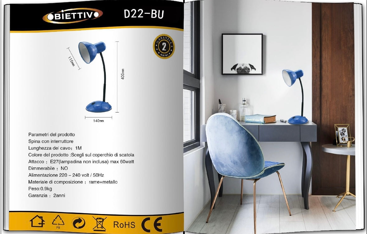 Lampada da Tavolo con Flessibile, Attacco E27, Metallo, Interruttore, Base Stabile – Lampada Scrivania Moderna per Studio, Ufficio, Cameretta D22