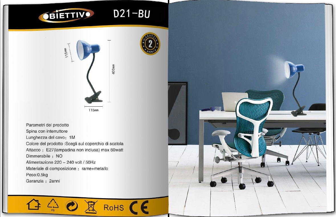 Lampada da Tavolo con Pinza – Attacco E27, Braccio Flessibile 40 cm, Metallo, Luce Direzionabile, Max 60W – Studio, Scrivania, Cameretta D21