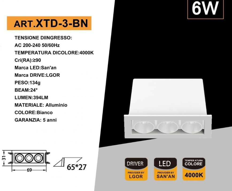 Faretto LED da Incasso Rettangolare 6W, 3 Spot, CRI ≥90, Fascio 24°, Alluminio Bianco, AC 200-240V, Faretti da Incasso per Cartongesso e Controsoffitto, 3000K/4000K/6500K, 1 Pezzo, XTD-3