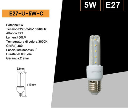 Lampadine LED E27 5W, Confezione da 10 Pezzi, 450LM, 3000K/4000K/6500K, Luce Calda, Naturale e Fredda, Lampadina LED a U, CRI>80, Illuminazione 360°, Risparmio Energetico, Modello E27-U-5W