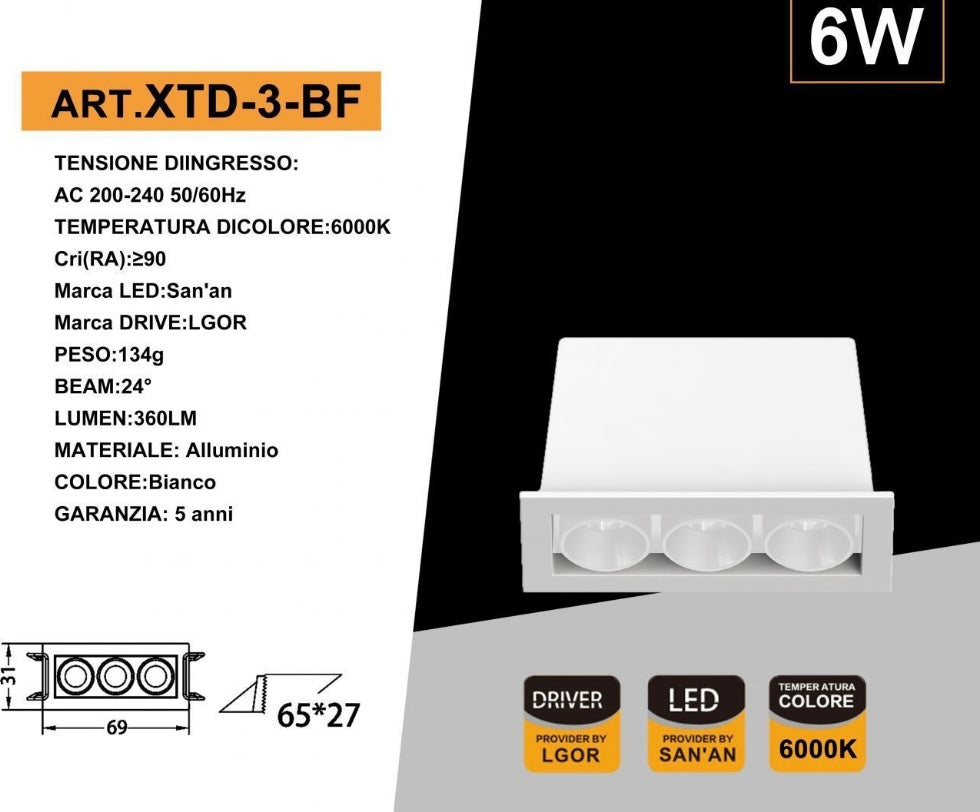 Faretto LED da Incasso Rettangolare 6W, 3 Spot, CRI ≥90, Fascio 24°, Alluminio Bianco, AC 200-240V, Faretti da Incasso per Cartongesso e Controsoffitto, 3000K/4000K/6500K, 1 Pezzo, XTD-3