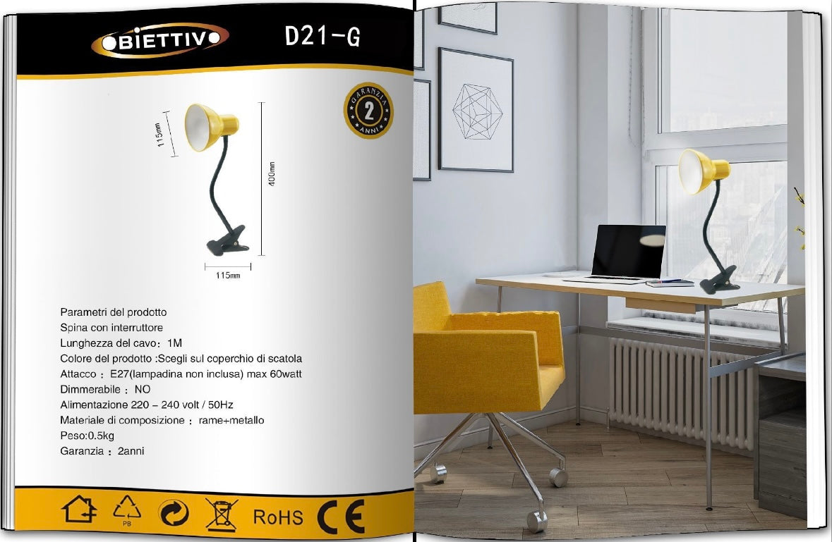 Lampada da Tavolo con Pinza – Attacco E27, Braccio Flessibile 40 cm, Metallo, Luce Direzionabile, Max 60W – Studio, Scrivania, Cameretta D21