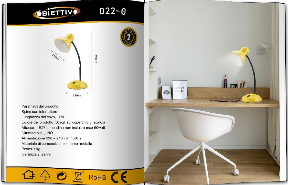 Lampada da Tavolo con Flessibile, Attacco E27, Metallo, Interruttore, Base Stabile – Lampada Scrivania Moderna per Studio, Ufficio, Cameretta D22