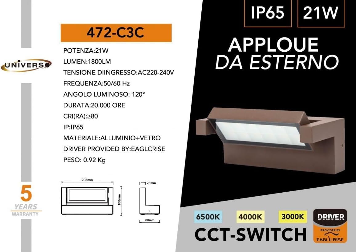 Applique LED da Esterno 21W IP65 CCT-Switch 3000K-4000K-6500K, Lampada da Parete Moderna in Alluminio e Vetro, Impermeabile per Facciata, Giardino e Balcone 472