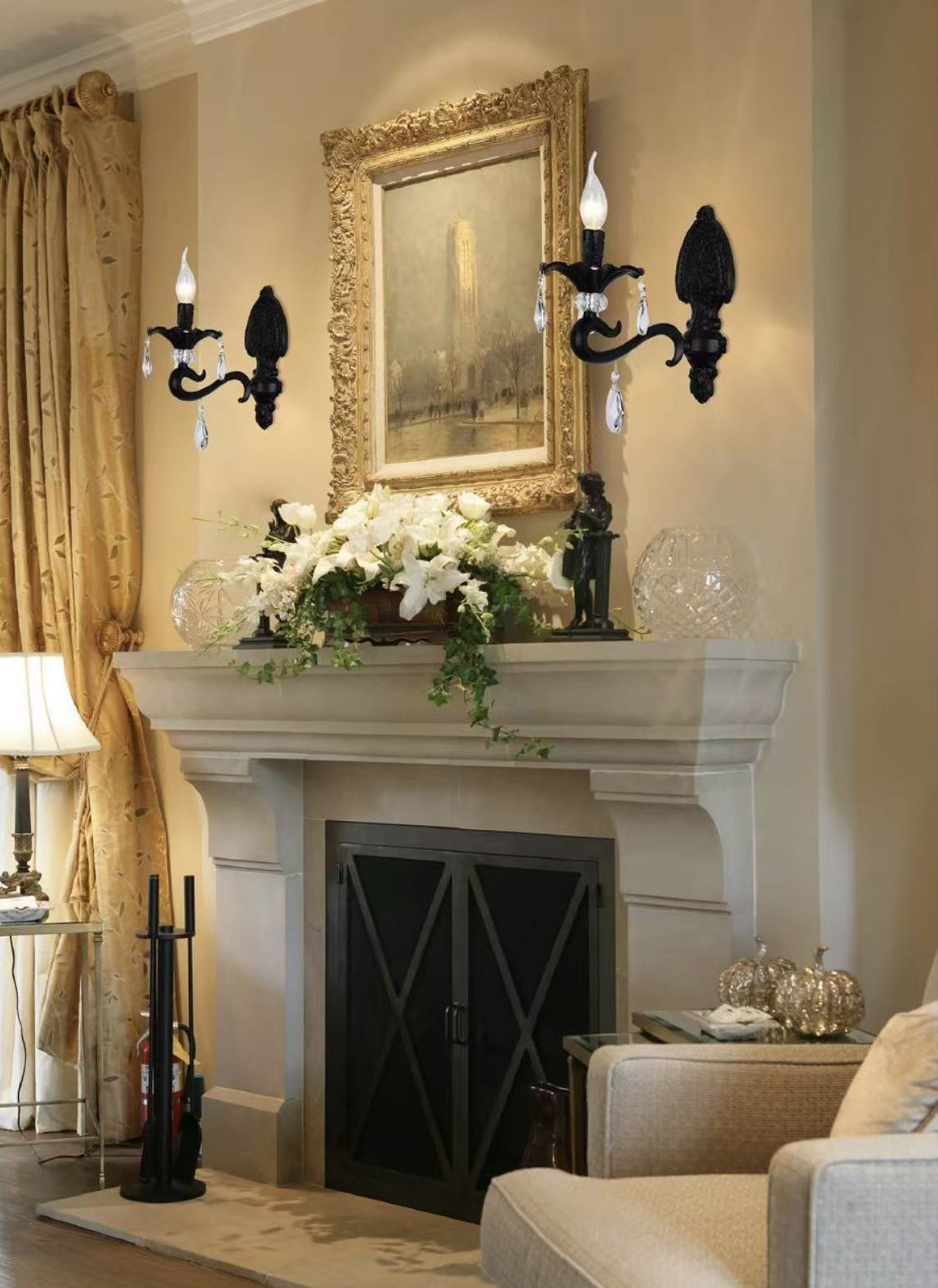 Applique da Parete Classica 1 Luce,Stile Candelabro con Pendenti in Vetro,Attacco E14,Struttura in Metallo,Nero/Bianco,Lampada da Parete per Camera da Letto,Soggiorno e Corridoio E43-1