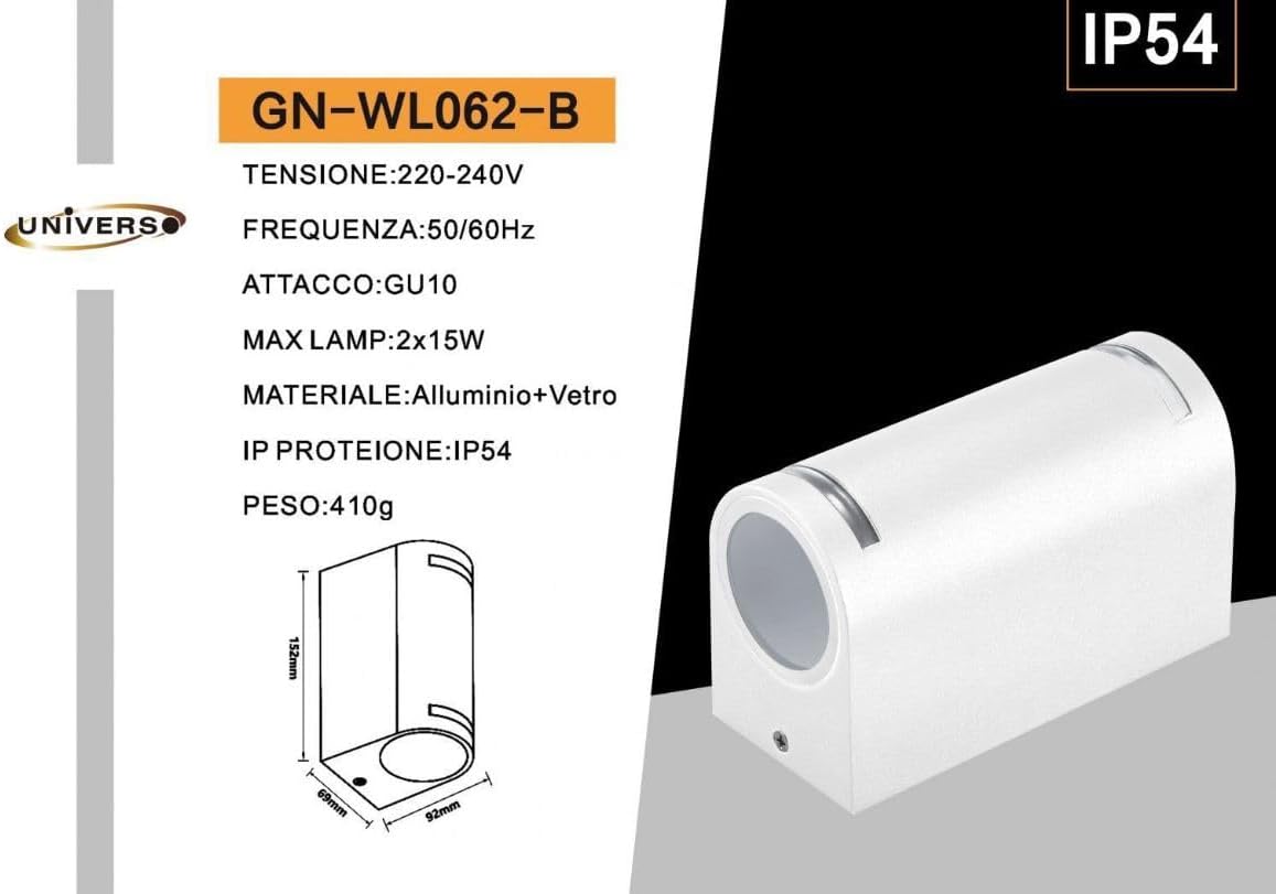 Applique da Esterno Doppia GU10 IP54 – Lampada da Parete Moderna in Alluminio per Esterno e Interno, 2xGU10 Sostituibili, Senza Lampadine, Design Cilindrico GN-WL062