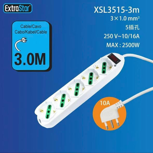 2 Pezzi Multipresa Italiana con Interruttore e Protezione da Sovraccarico, 5 Prese Bipasso 10/16A, Spina 10A Tipo L, Cavo 3 Metri, Bianca – C-XSL3515-3M