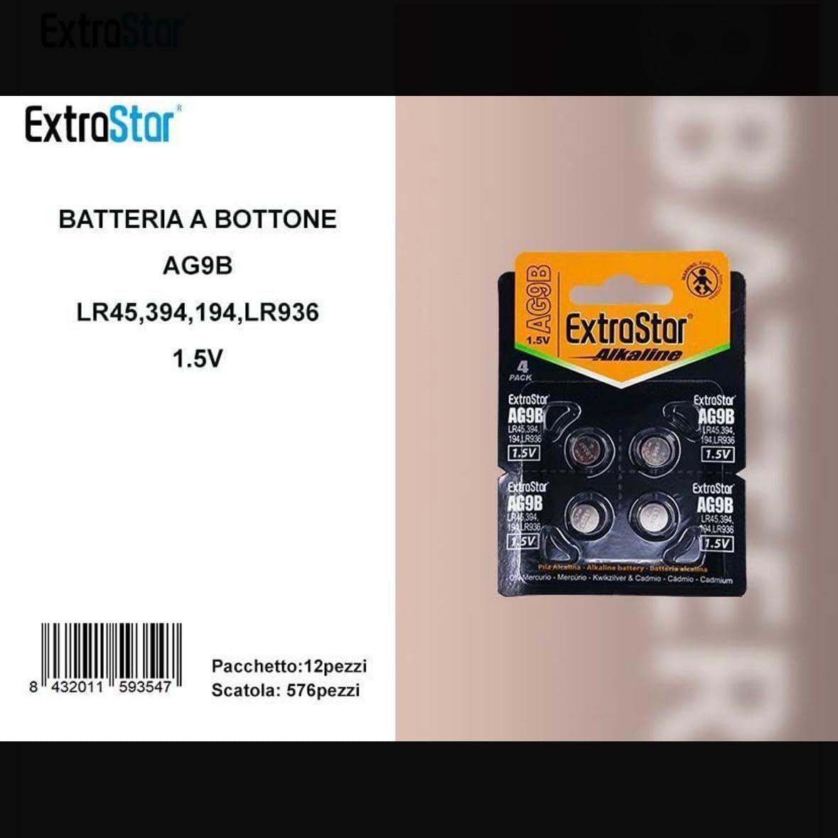 Pile a Bottone AG9 1.5V Alcaline – Batterie Equivalenti AG9 LR45 LR936 394 194 – per Orologi, Calcolatrici, Giocattoli e Dispositivi Elettronici – Confezione da 12 Pack – AG9B
