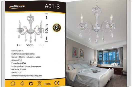 Lampadario a Soffitto Classico in Cristallo 3 Luci E14, Stile Elegante per Camera da Letto e Soggiorno, Lampadario Vintage Trasparente – A01-3