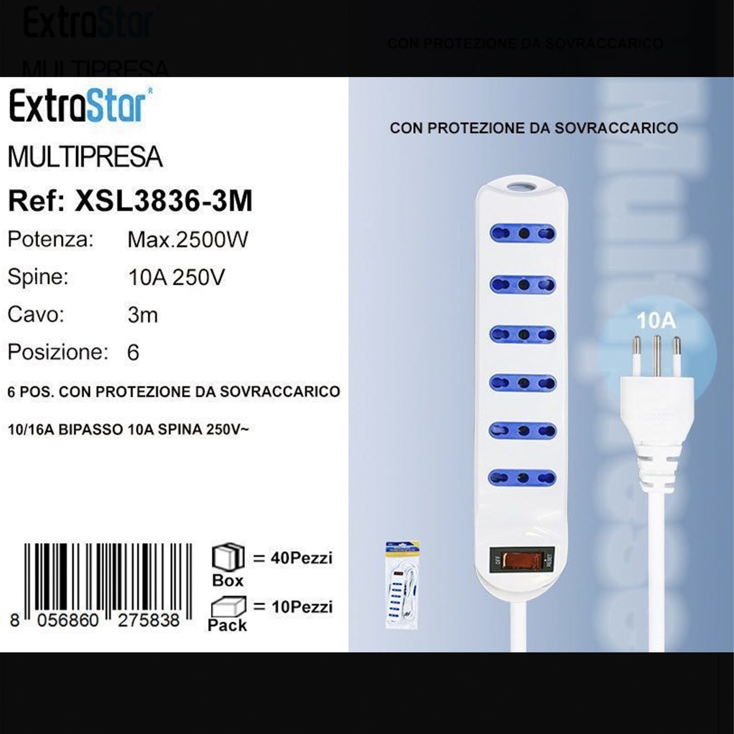 2 Pezzi Multipresa 6 Prese Bipasso 10/16A con Protezione da Sovraccarico, Spina Italiana 10A, Cavo Lungo 3 m, Interruttore di Sicurezza, Bianca– XSL3836-3M